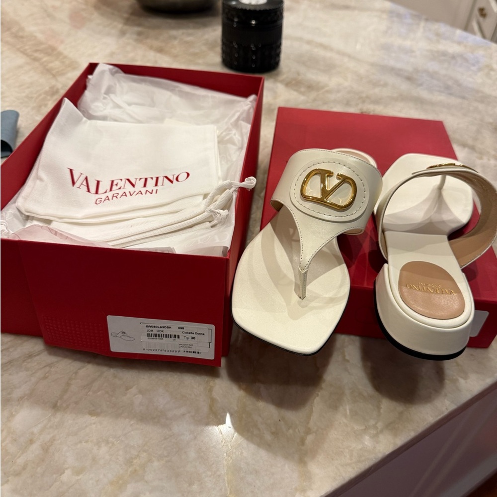 Valentino Garavani Cream Thong Sandals with Gold V Logo Sz- 38